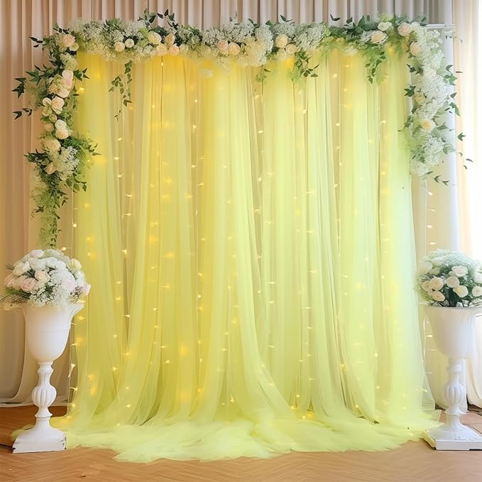 10ft x 8ft Yellow Backdrop Curtain with Lights String for Parties, Sheer Tulle Wedding Photo Backdrops Drapes for Baby Shower Birthday Party Decorations Background for Photography