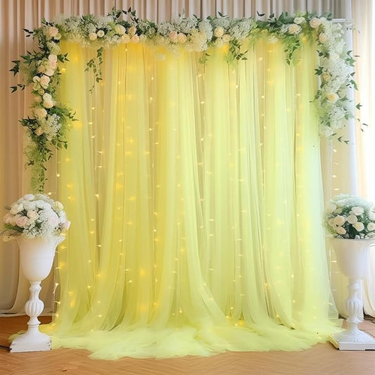 10ft x 8ft Yellow Backdrop Curtain with Lights String for Parties, Sheer Tulle Wedding Photo Backdrops Drapes for Baby Shower Birthday Party Decorations Background for Photography