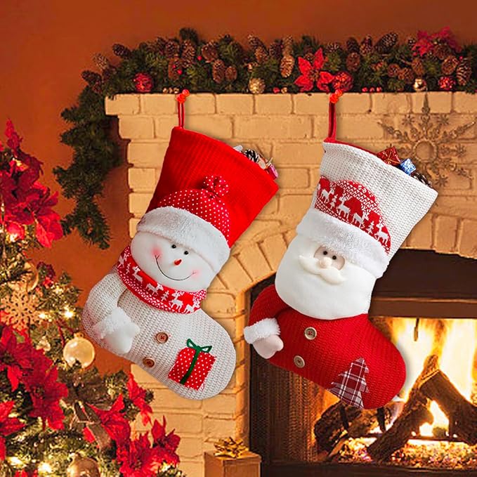 2 Pack Christmas Stockings, Large Stockings, Personalized Knitted 3D Pattern Santa Snowman Socks, Eve Candy Stocking Bag for for Holiday Xmas Party Decoration (Style 2, Santa Snowman)