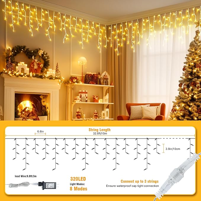 320 LED White Icicle Lights Outdoor Waterproof, 32.8FT Connectable Christmas String Lights with Remote & Timer, 8 Lighting Modes Dimmable Holiday Wedding Party Decorations