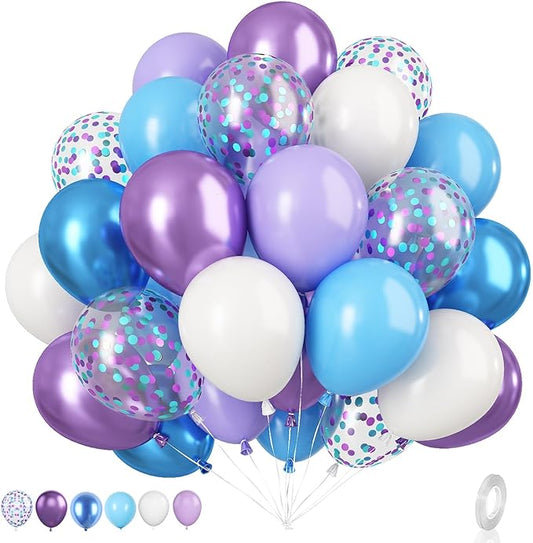 Blue and Purple Balloons Set, 50 PCS Blue 12 Inch Mermaid Balloon, Metallic Purple White Latex Ballons Confetti Helium Balloons for Girls Mermaid Birthday Party Baby Shower Winter Supplies