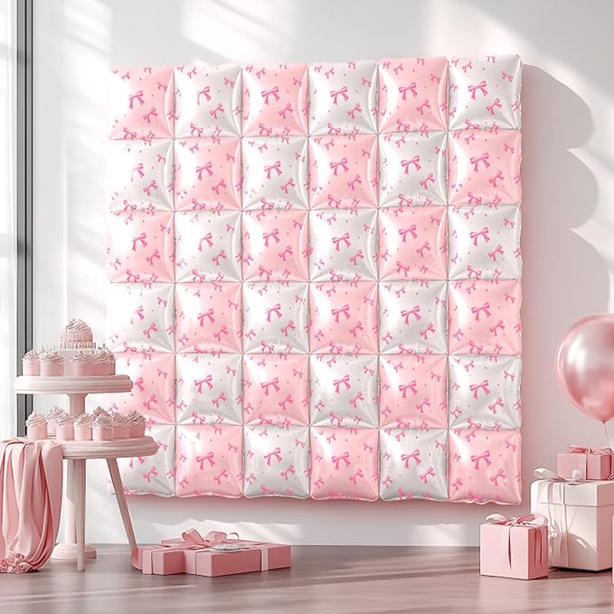 NISOCY 25PCS White Pink Bow Square Foil Balloons Wall Backdrop Double Sided White Coquette Pink Bow Balloons Tunnel for Birthday Wedding Valentines Bachelorette Bridal Baby Shower Party Decorations