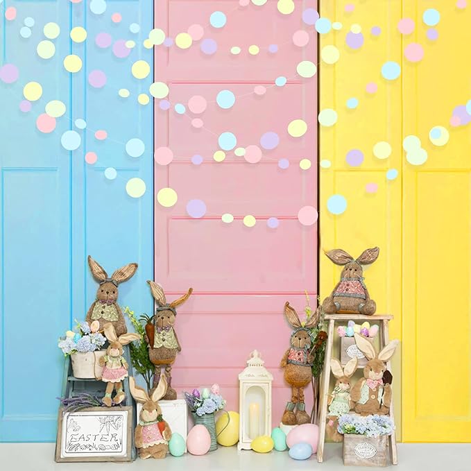 Pastel Party Decorations Blue Purple Pink Yellow Green Circle Dots Garland Hanging Paper Polka Dot Streamer for Birthday Baby Shower Wedding Bridal Shower Macaron Spring Easter Party Supplies