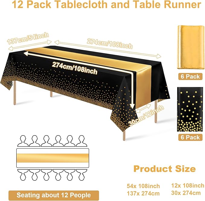 12Pack Disposable Plastic Tablecloths and Satin Table Runner Set Black and Gold Dot Tablecloth Gold Satin Table Runner for Wedding Birthday Baby Shower Anniversary Christmas New Year Party Supplies