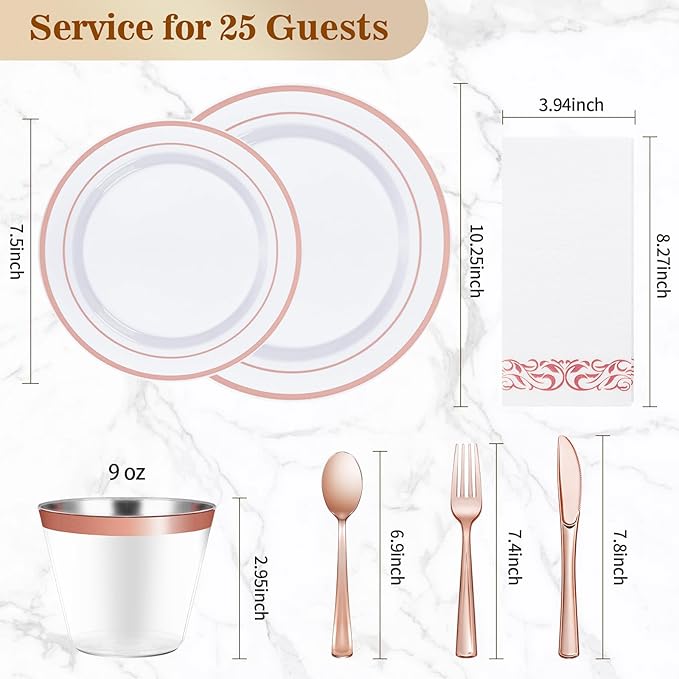 BESTVIP 175PCS Rose Gold Disposable Dinnerware Set for 25 Guests, Plastic Plates for Party, Wedding, Christmas, Halloween, Include: 50 Plastic Plates, 25 Rose Gold Silverware, 25 Cups, 25 Napkins