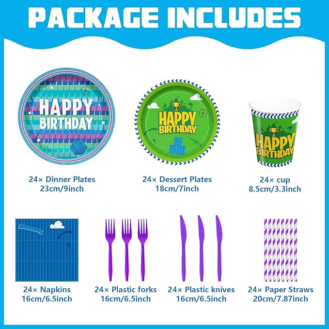 Video Games Party Tableware Supplies，Including Paper Plates Napkins Cups Forks Knives and Straw Video Games Theme Party Birthday Decorations Serve 24 Guests