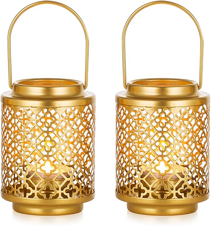 NUPTIO Decorative Candle Lanterns Gold: 2 Pcs Hanging Metal Tea Light Candles Holder 4.1inch Small Vintage Tealight Lantern Centerpiece for Christmas Wedding Party Table Decorations (Style 1)
