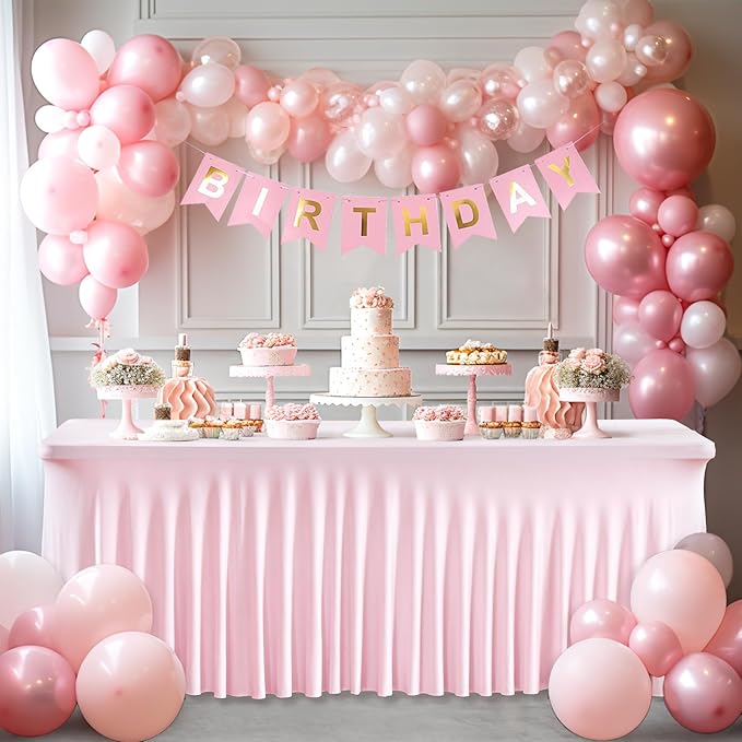 1 Pack Pink Table Clothes for 4 Foot Rectangle Tables, One-Piece Wrinkle Resistant Stretch Spandex Table Covers with Skirt for Event Banquet Wedding Birthday Party