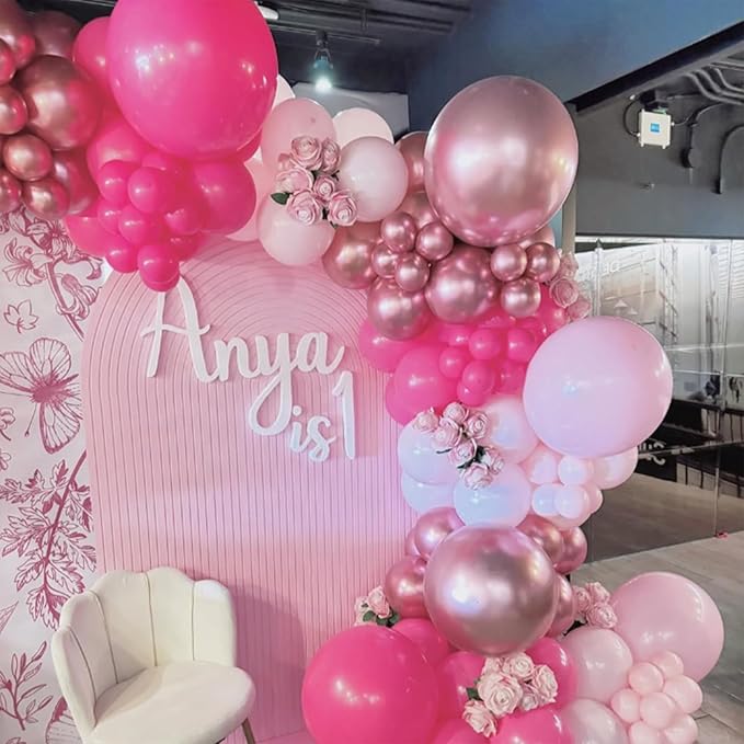 Pink Mixed Balloons Set, 12 Inch Hot Pink Pastel Light Baby Pink Metallic Pink Latex Balloons Party Balloons for Women Girls Birthday Baby Shower Princess Anniversary Party Decorations