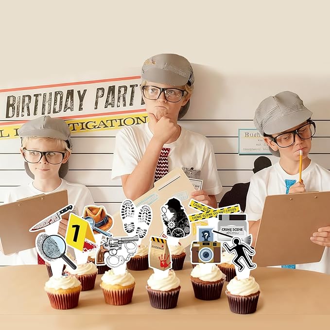 48 PCS Murder Mystery Happy Birthday Cupcake Toppers Detective Theme Party Decorations Crime Scene Cake Decor Cupcak Decorations Cake Decorating Party Supplies Decor for Men Women Boys Girls
