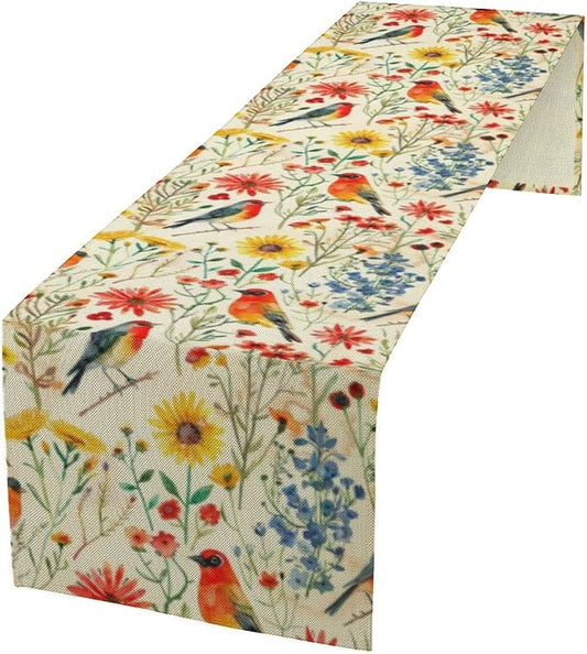 Spring Bird Floral Table Runner,Summer Birds Table Runner Burlap Table Decoration for Seasonal Home Kitchen Dining Dinner Indoor Holiday Farmhouse Decor 13x108 in