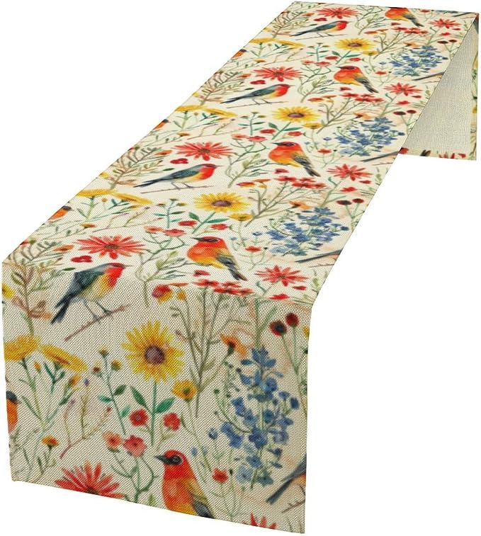 Spring Bird Floral Table Runner,Summer Birds Table Runner Burlap Table Decoration for Seasonal Home Kitchen Dining Dinner Indoor Holiday Farmhouse Decor 13x70 in
