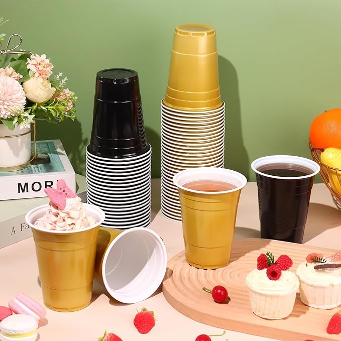 KesaPlan 50PCS 16 oz Plastic Cups Graduation Cups Black and Gold Disposable Party Cup Bulk for Party Graduation Wedding Birthday Halloween Family Gatherings and Festive Celebrations
