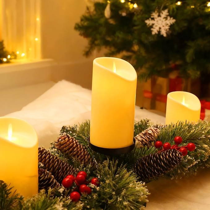 Christmas Candle Holder with 3 Electric Candles, Tabletop Decoration for Christmas Home Decor, Holiday Party Table Decorations Candle Holder with Pine Cone, Red Ball, Pine Needle