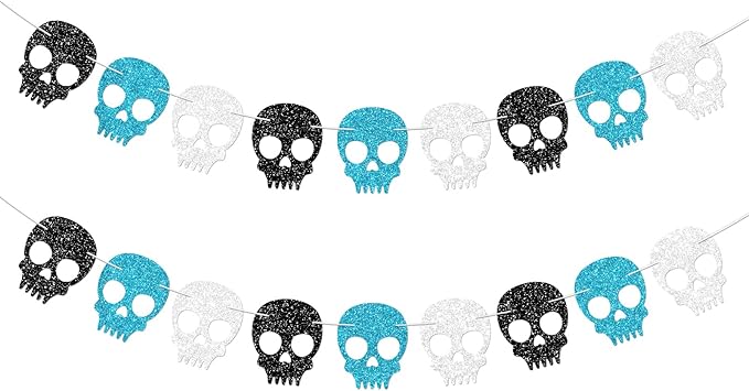 2PC Black/Silver/Blue Skull Garland for Halloween Party Decorations Glitter Skull Banner for Boy/Men Gothic Birthday Decorations Supplies