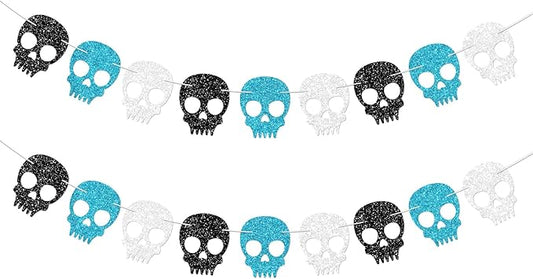 2PC Black/Silver/Blue Skull Garland for Halloween Party Decorations Glitter Skull Banner for Boy/Men Gothic Birthday Decorations Supplies