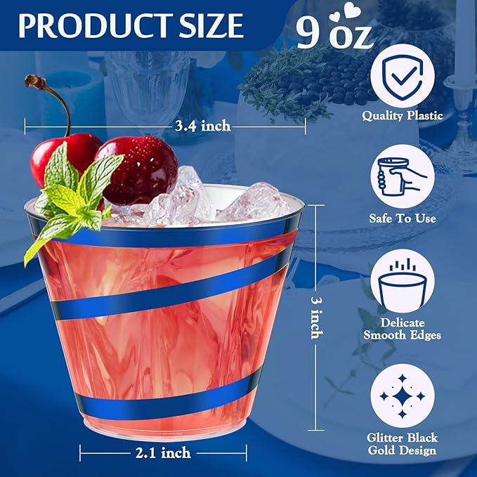 Gejoy 9 oz Rimmed Swirl Plastic Cups Disposable Wine Drinking Cups Clear Elegant Halloween Tumblers for Christmas Party Supplies(Blue,100 Pcs)