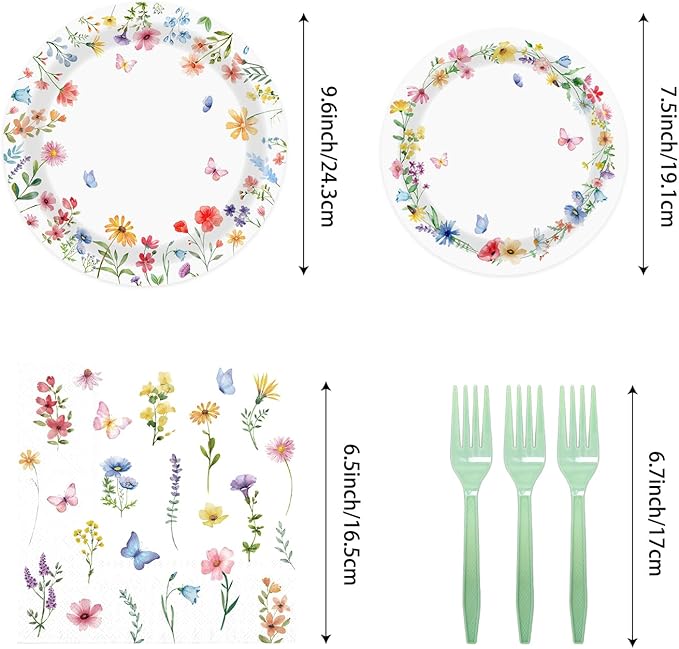 143PCS Spring Wildflower Party Supplies Birthday Decorations Plates Napkins Set, Banner, Hanging Swirls, Tablecloth, Cake Topper, Balloon,Floral Baby Shower, Serves 20