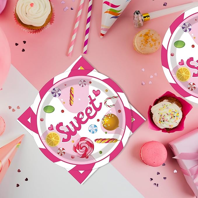 40 Pcs CandyLand Party Decorations Sweet Candy Theme Birthday Party Decorations Disposable Dessert Candy Tableware Paper Plates Napkins for Birthday Baby Shower Sweet Shop Decor