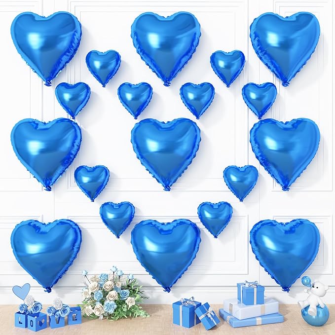 Blue Heart Balloons, 19PCS Blue Heart Shape Balloons, 18Inch with 10Inch Helium Foil Balloon Love Balloon for Birthday Wedding Engagement Valentines Party Anniversary Decorations