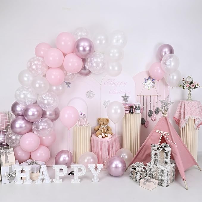 Pink Winter Wonderland Balloons, 50 Pcs 12 Inch Pearl White Balloons Pastel Metallic Pink Balloon for Girls Womem Winter Christmas Wonderland Birthday Baby Shower Ice Snow Princess Party Decorations