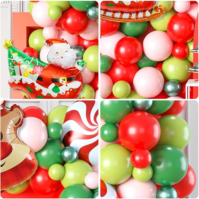 Christmas Balloon Arch Kit, Red Pink Green Christmas Balloon Garland Kit for Xmas Party Decorations, Xmas Balloon Arch Garland with Elk, Santa Claus, Windmill Foil Balloons