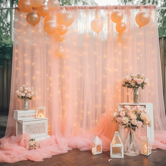 10ft x 8ft Peach Backdrop Curtain with Lights String for Parties, Sheer Tulle Wedding Photo Backdrops Drapes for Baby Shower Birthday Party Decorations Background for Photography