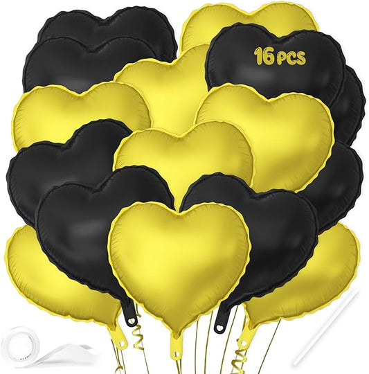 16 Pcs Heart Balloons, 18 Inch Black Gold Love Heart Shaped Foil Balloons for Wedding Anniversary Birthday Party Valentine Decorations Baby Shower Bridal Shower Engagement Decorations Supplies