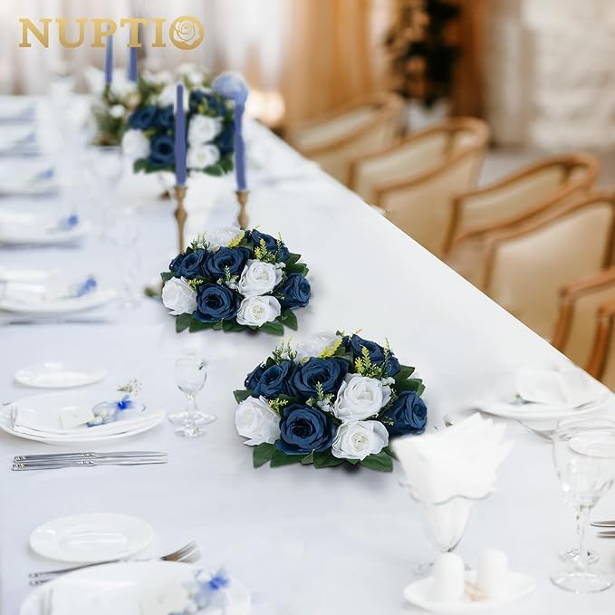 NUPTIO Artificial Flower Centrepieces for Tables - 6 Pcs Navy Blue & White Fake Flowers Roses Balls 9.5in Diameter - Silk Faux Rose Arrangement for Wedding Party Centerpiece Table Decorations