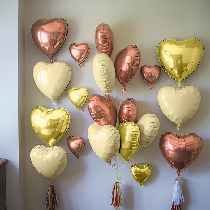 Rose Gold White Heart Balloons, 19PCS Champagne Gold Heart Shape Balloon, 18Inch with 10Inch Gold and Cream Helium Foil Love Balloon for Girls Birthday Baby Shower Wedding Mother's Day Decoration