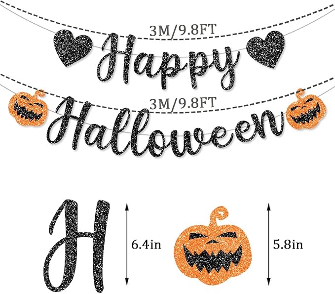 Pre-Strung Black Glitter Halloween Decorations Banner for Haunted House with Pumpkin Decorations Happy Halloween Mantle Home Party Decor Indoor Outdoor NO DIY