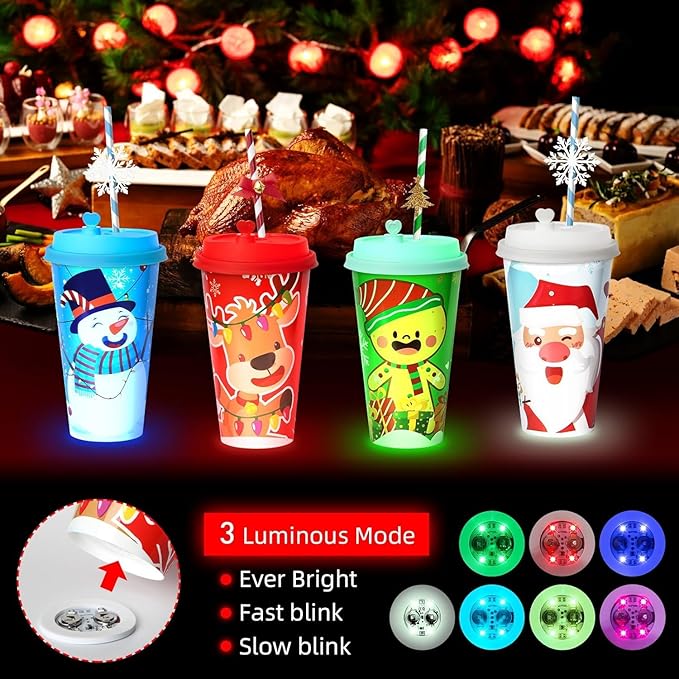 24 Sets Christmas Party Cups for Kids, 16OZ Glow Christmas Plastic Cup for Holiday Movie Night Party Favors Supplies Decorations, Holiday Decor