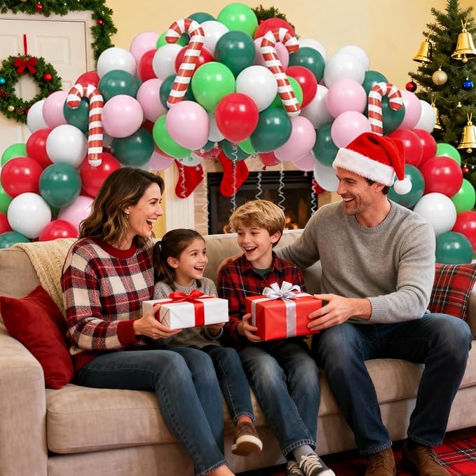 Christmas Balloons, 60pcs Pink Red Green Balloons with Candy Cane Foil Balloon, Retro Green and Pink White Xmas Party Balloon for Christmas Decorations Birthday New Year Carnival Party Supplies