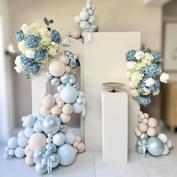 Dusty Blue White Balloons, Double Stuffed Pearl Light Baby Metallic Slate Blue Pearl Sand White Balloon, 50 Pcs Winter Wonderland Balloons for Baby Shower Birthday Bridal Shower Wedding Decorations