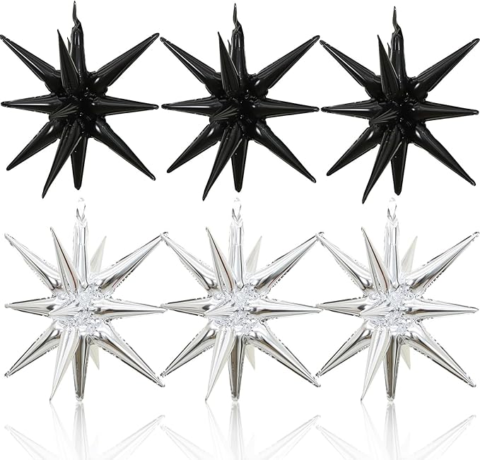 6PCS Silver Black Star Balloons, 22Inch Large Star Balloon Foil Balloons Spike Cone Balloon for Birthday Anniversary New Years Party Decorations