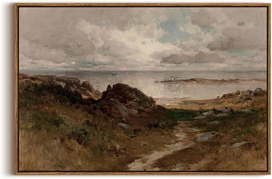 InSimSea Framed Canvas Wall Art Vintage Decor, Seaside Path Wilderness Landscape Paintings Artwork, Large Prints, Vintage Hanging Wall Decorations for Living Room Bedroom Bathroom, 20"x30"