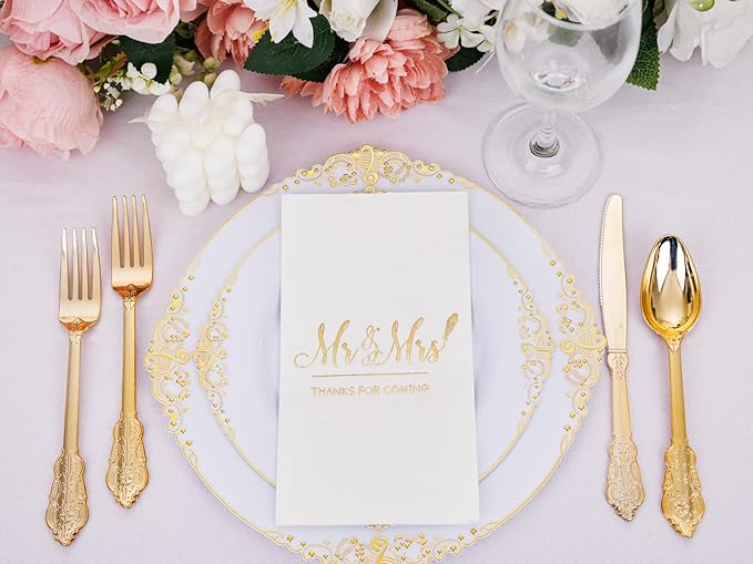 200PCS Gold Napkins - 3-Ply Mr and Mrs Napkin - Disposable Dinner Paper Napkins for Table Decorations, Ideal for Weddings, Showers, Engagement Parties