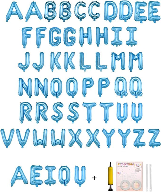 58 PCS Letter Balloons Alphabet Letters 2 Sets A- Z & 1 Sets AEIOU 16 - Inch Mylar Foil Balloons Set for Wedding/Birthdays/Annivs/Grads party Decoration Banner Custom Phrase (Baby Blue)