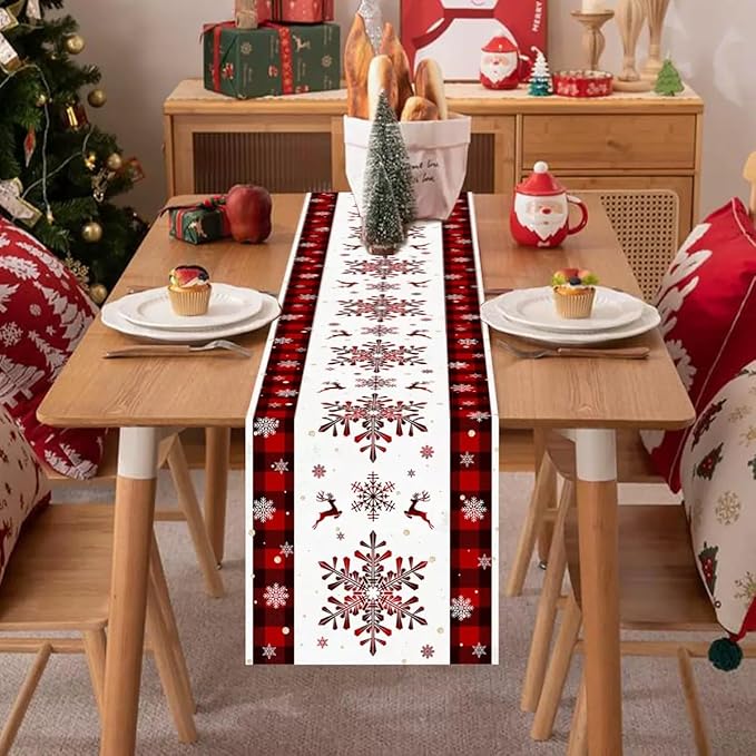 OYIMUA Buffalo Plaid Snowflakes Red Christmas Table Runner, Seasonal Winter Kitchen Dining Table Decoration for Home Party Xmas Decor 13x72 Inch