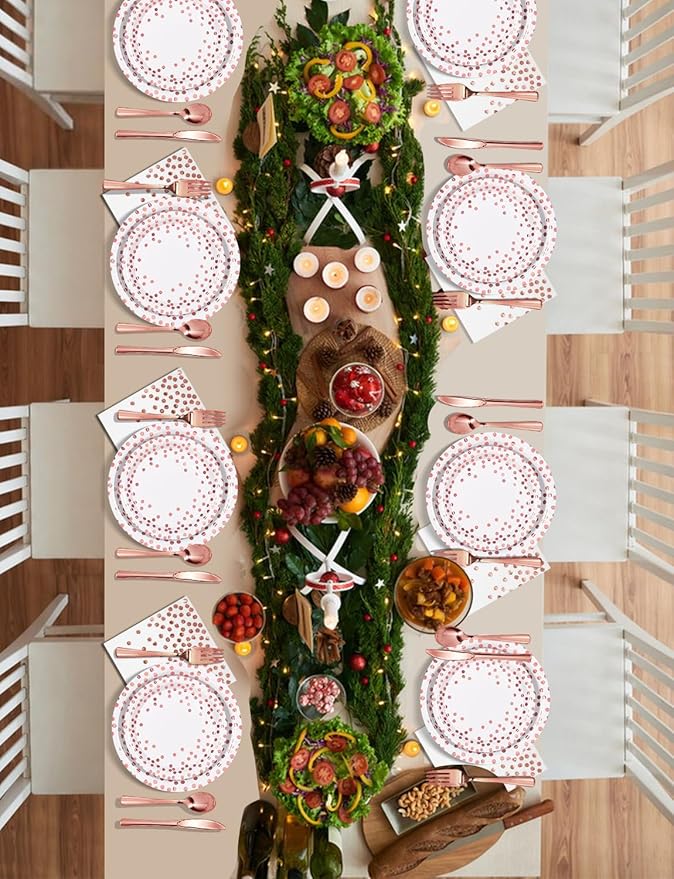 141 Pieces Rose Gold Party Supplies, Disposable Party Decorations Sets Include Paper Plates Napkins Cups, Plastic Forks Knives Spoons, for Baby Shower Birthday Wedding -20 Guests