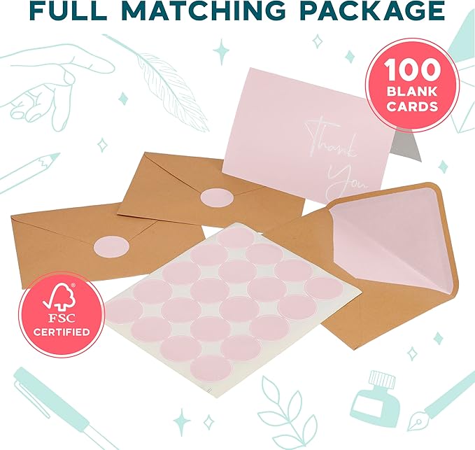 VNS Creations Thank You Cards With Envelopes Bulk Set & Stickers - 100 Pack 4x6 Blank Thank You Notes Bulk Box Set - Large Note Card Small Business, Wedding, Baby Shower & Bridal Shower - Pink