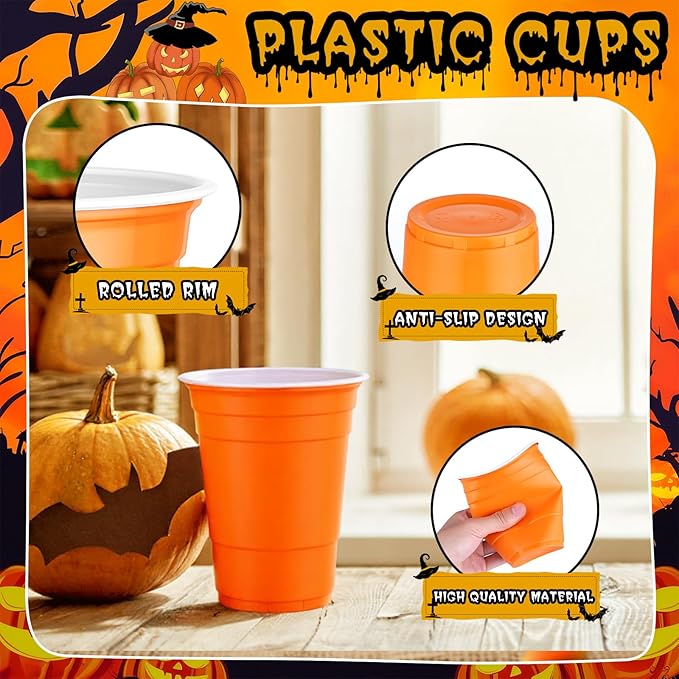 Dualshine 100 Pack Halloween Orange Plastic Cups 16 oz, Disposable Cups for Party, Heavy Duty Drinking Cups for Wedding Birthday Halloween Beer Taste Serving Snack Sample Tastings Barbecues Picnic