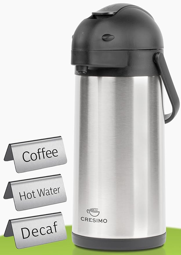 Cresimo Coffee Carafe for Keeping Hot 102oz Airpot Coffee Dispenser with Pump & Stainless Steel Table Tent Signs - 3L Airpots for Hot Beverages - Easy-to-use Insulated Coffee Carafe & Beverage Labels
