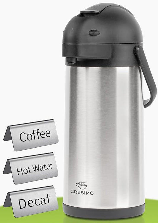 Cresimo Coffee Carafe for Keeping Hot 102oz Airpot Coffee Dispenser with Pump & Stainless Steel Table Tent Signs - 3L Airpots for Hot Beverages - Easy-to-use Insulated Coffee Carafe & Beverage Labels