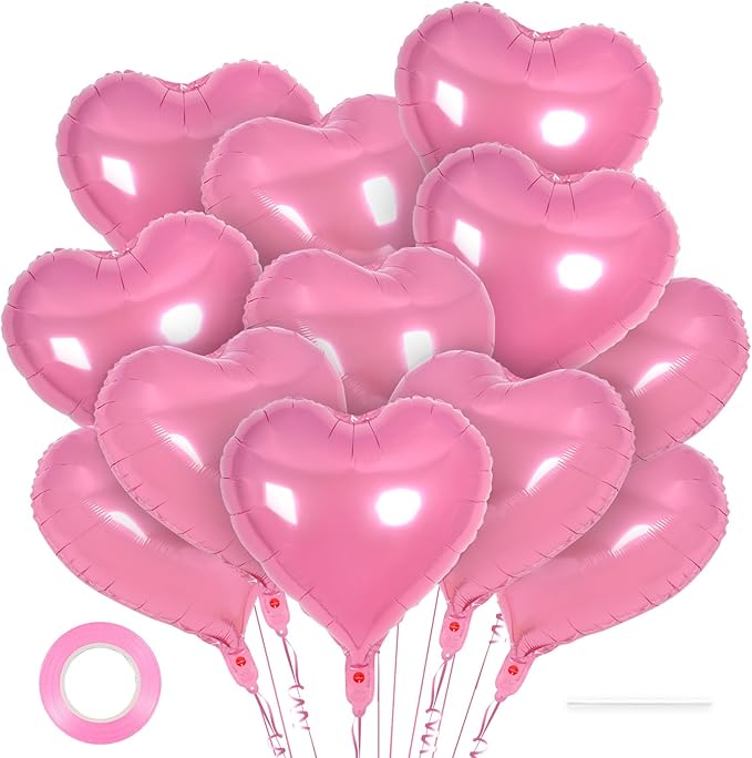 12 Pcs Heart Balloons,18 inch Pink Heart Foil Balloons Love Balloon Valentine Balloon for Birthday Party Wedding Engagement Party Baby Shower Valentine Day Decorations (pink)