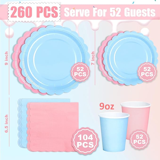 260 Pcs Blue And Pink Party Supplies - For 52 Guests Paper Plates And Napkins/Cups - Disposable Small Scalloped Dinner Party Set Cutlery - For Bbq Baby Shower Bridal Shower Wedding