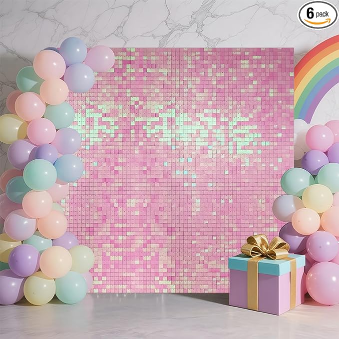Shimmer Wall Backdrop, Sequins Backdrop Decoration, Photo Backdrops for Birthday, Anniversary, Wedding, Party Decoration (24PCS Rainbow Pink)