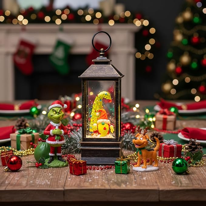 10'' Christmas Gnomes Snow Globe Lantern Lighted Whimsical Christmas Tree & Santa Elf Musical Water Lantern Swirling Glittering Home Decoration and Gift, Battery Operated or USB Powered