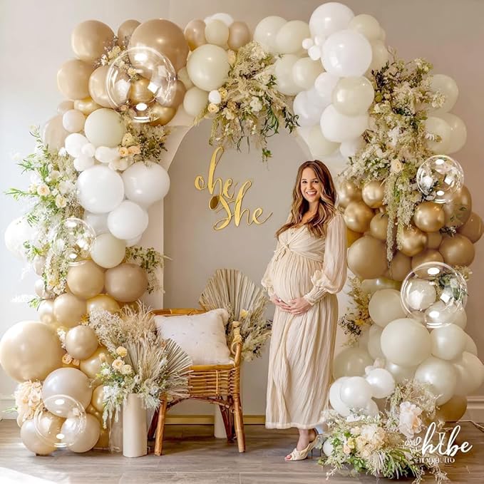White Sand Gold Balloon Garland, Double Stuffed Pearl White Gold Cream Beige Balloons Clear Bobo Latex Balloons Arch Kit for Wedding Bridal Shower Birthday Boho Neutral Baby Shower Party Decorations