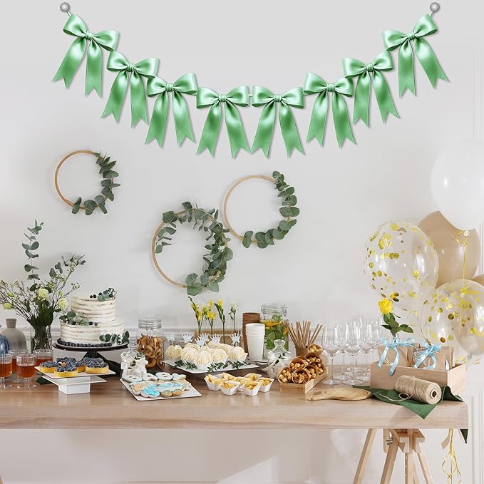 1 String of 8PCS Sage Green Bow Garland Banner Decoration,Pre-Strung Satin Ribbon Ornaments for Birthday,Bachelorette Party,Bridal Shower,Wedding,Engagement,Baby Shower,Graduation Decor,Anniversary